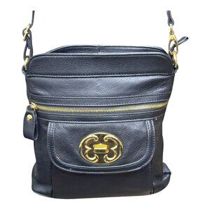Emma Fox Black Leather Crossbody Bag Gold Accents Yellow Floral Interior READ